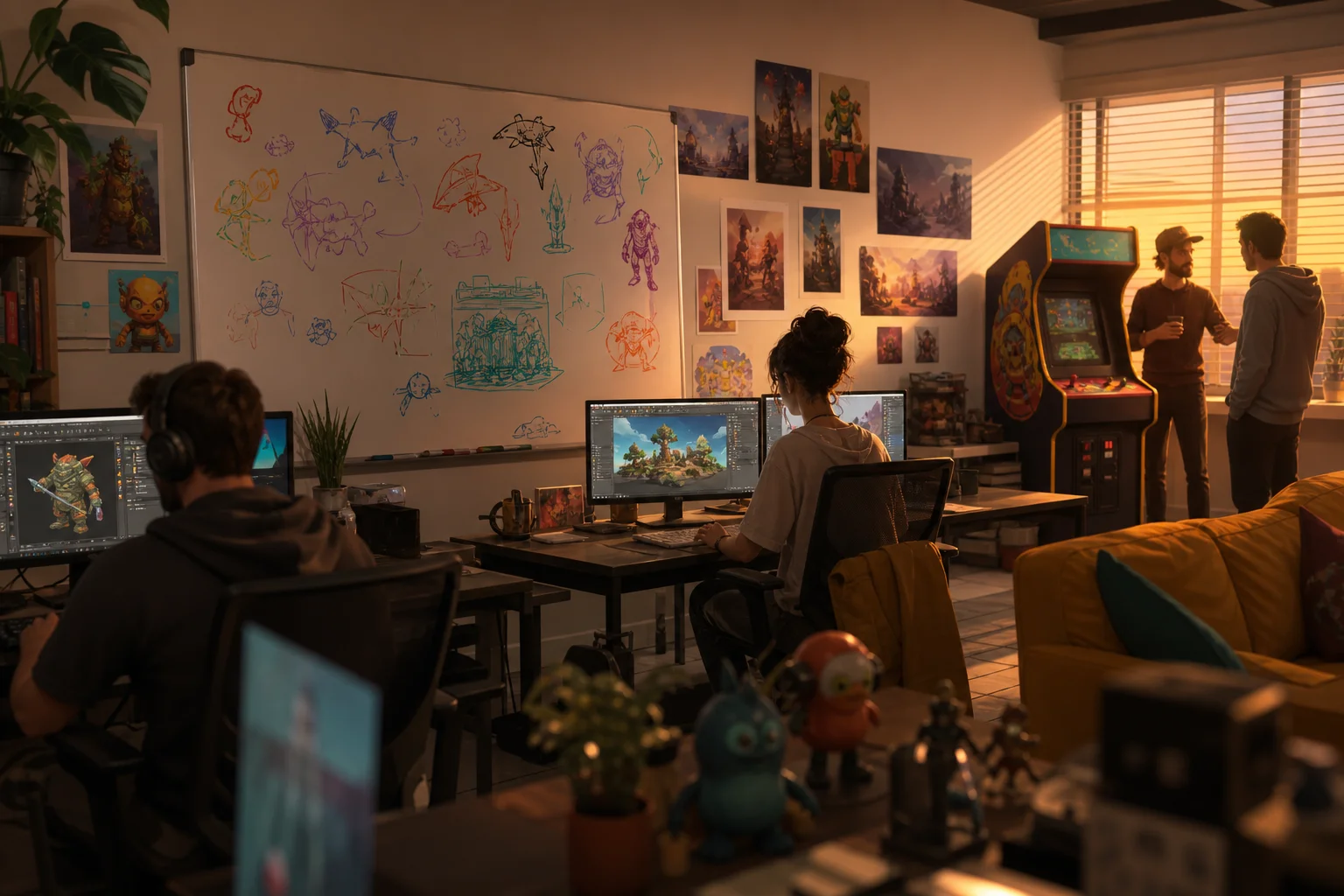 Creative game design studio with sunset lighting