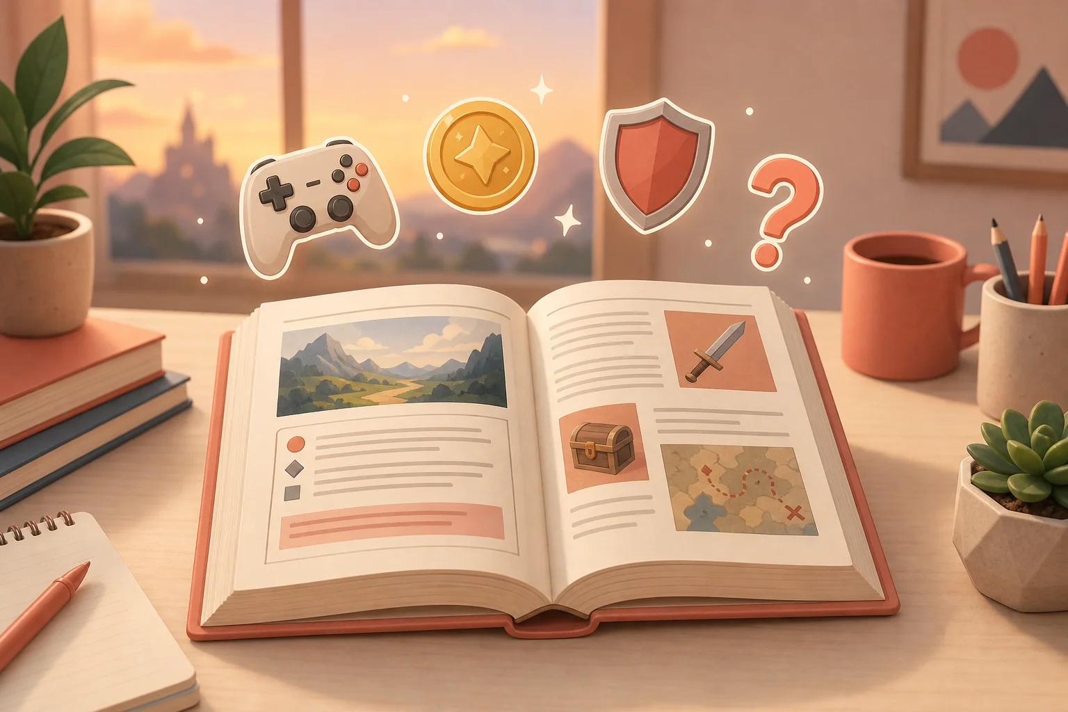 Player guide book with gaming icons on a desk