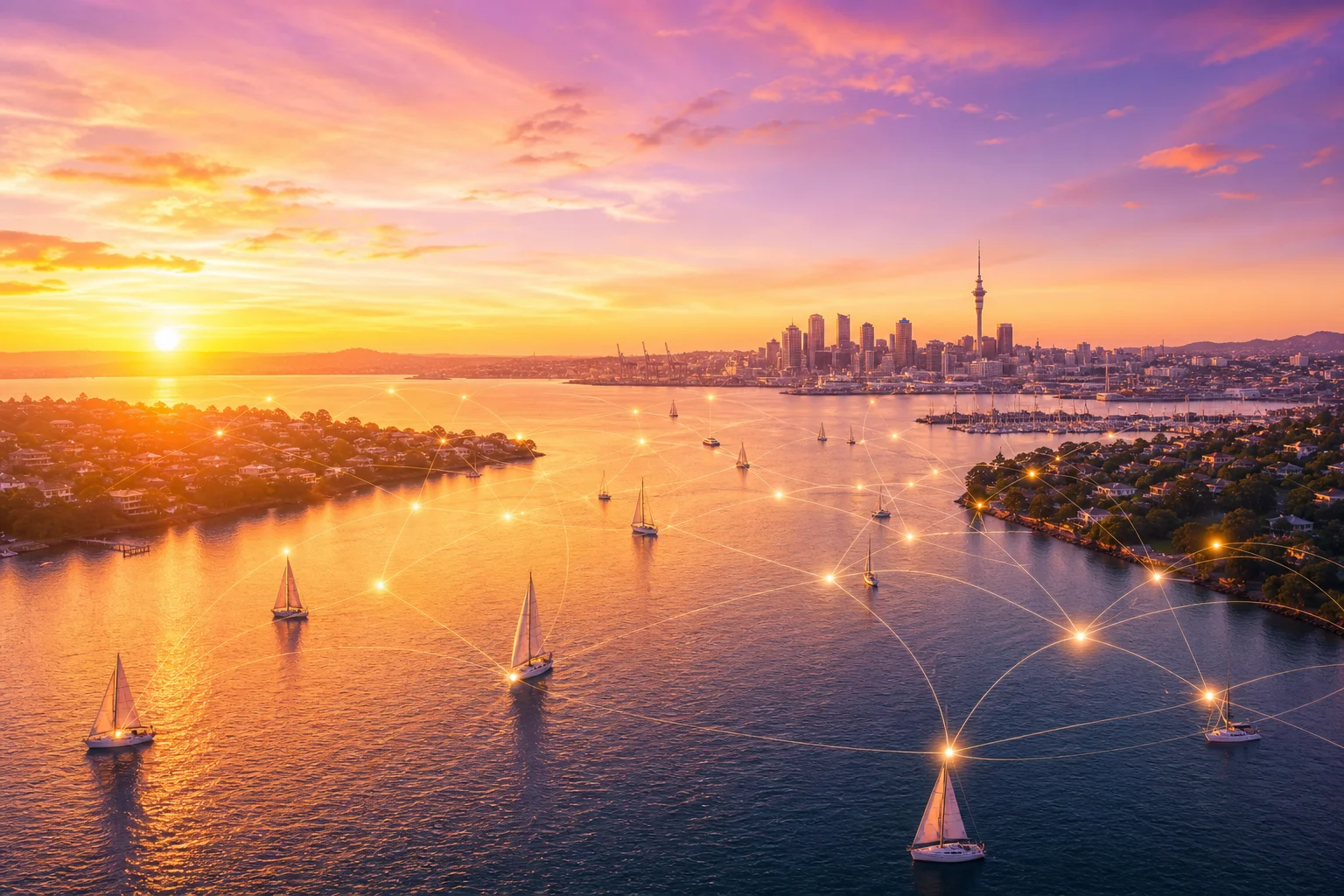 New Zealand harbour community at sunset
