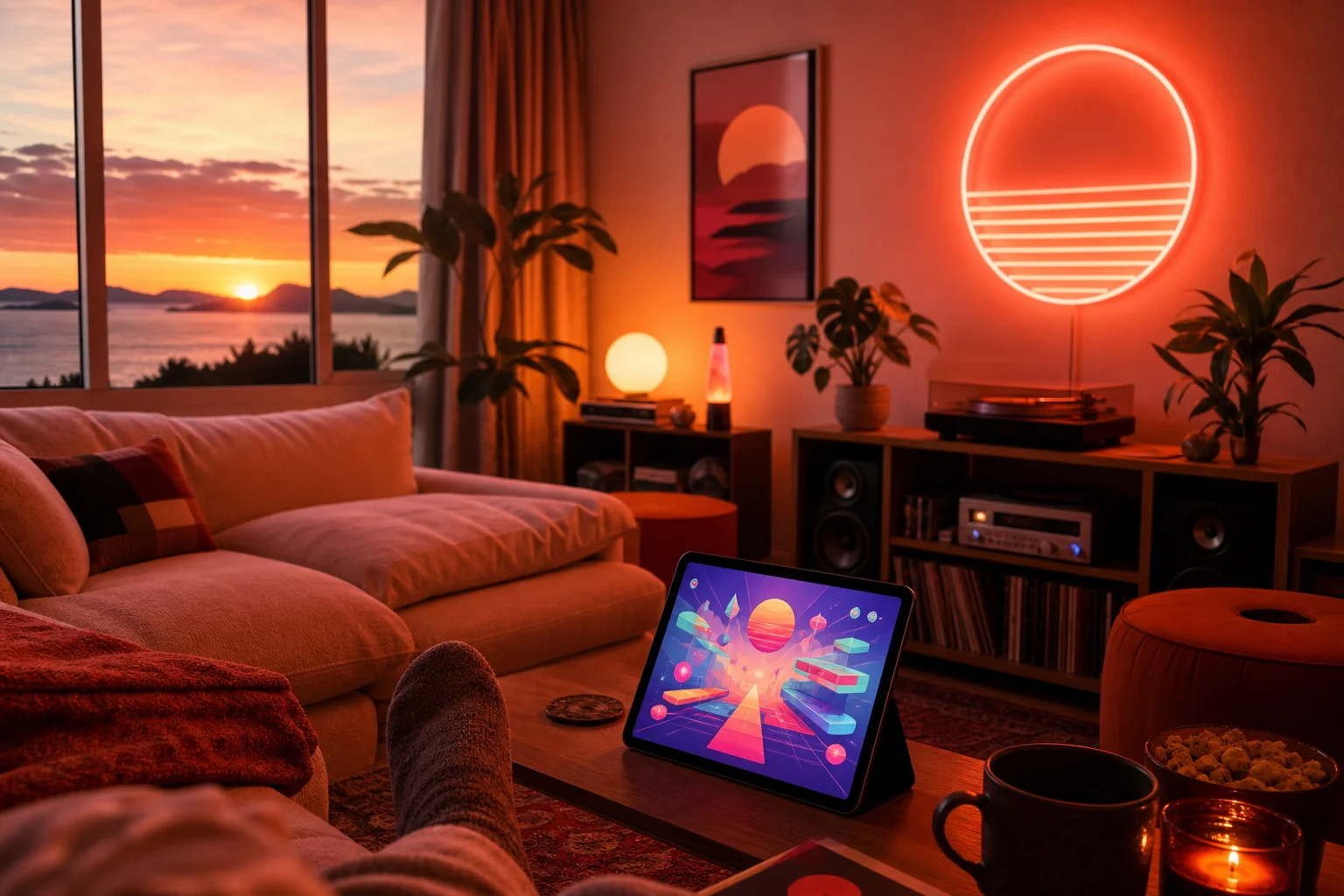 Cozy retro social gaming lounge with sunset ambiance