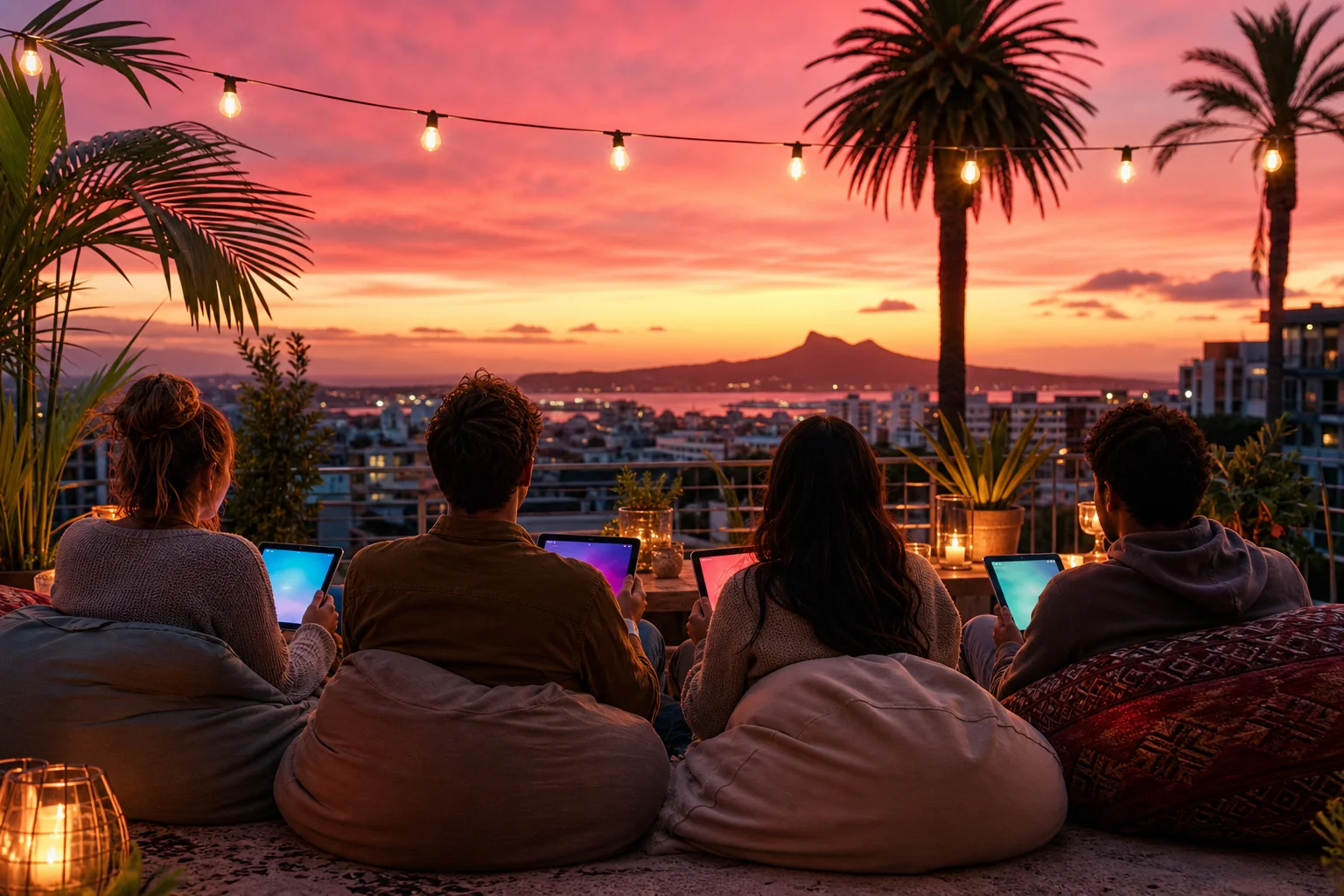 Friends enjoying social casino games together at sunset