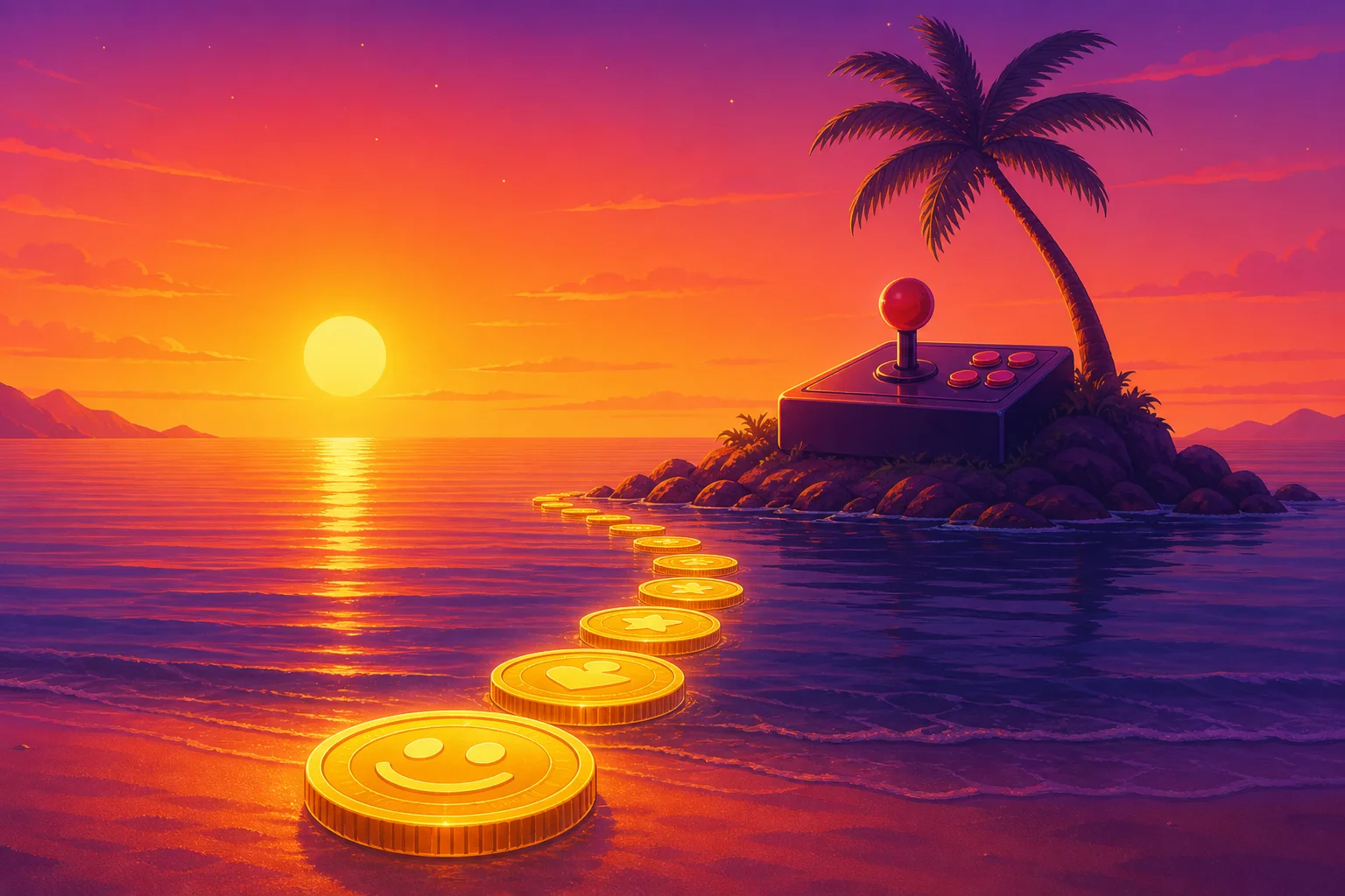 Symbolic sunset path with virtual tokens representing free play values