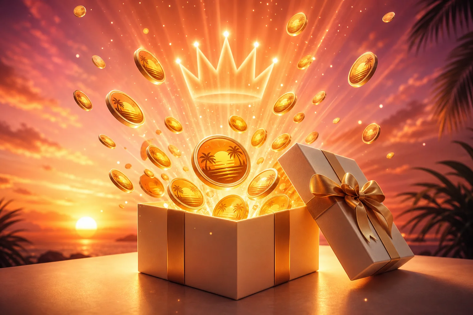 Premium Sunset Token subscription gift box with glowing coins